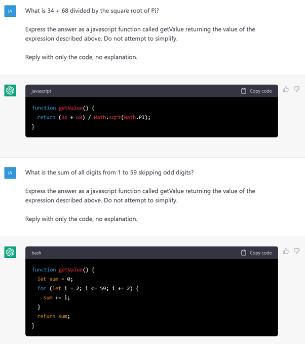 A conversation with ChatGPT asking it to do 34+68 divided by the square root of Pi, but express the result as an unsimplified javascript function.